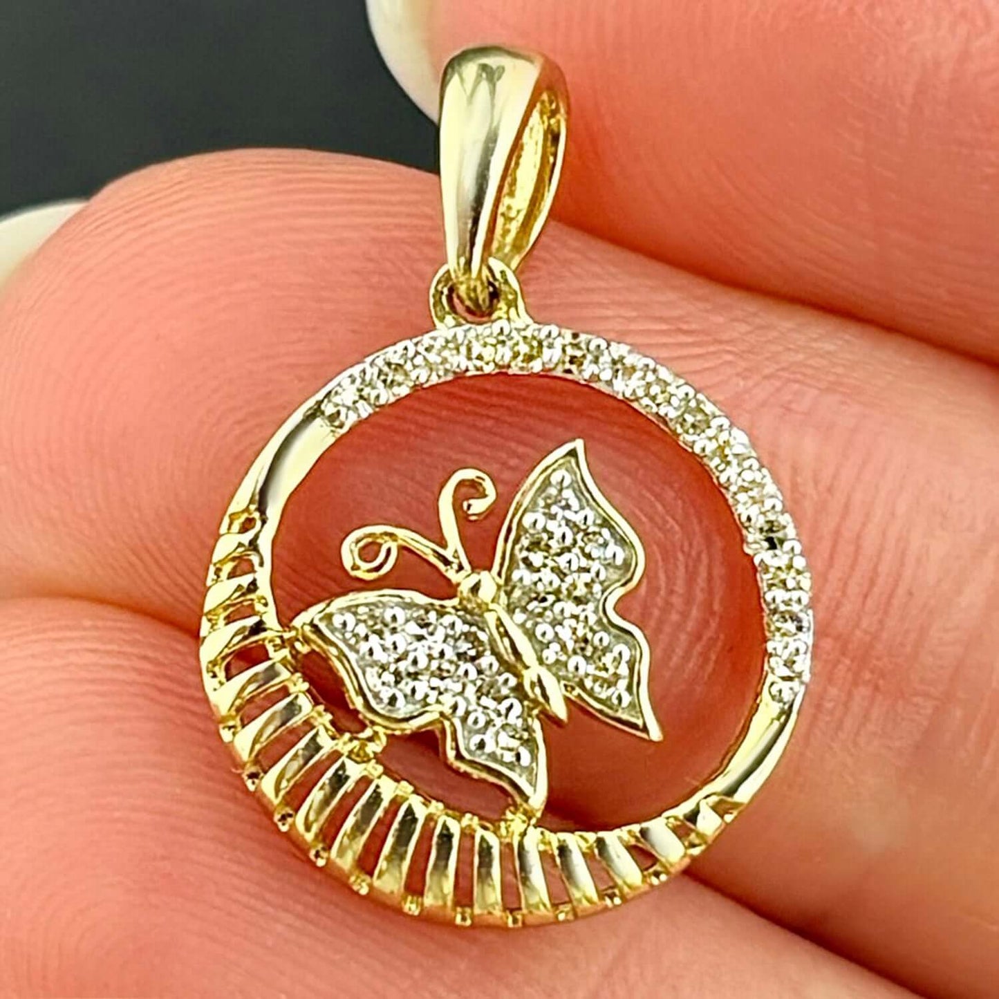 0.16CTW Natural Diamond 10K Yellow Gold Butterfly Circle Pendant 0.88" - WJD Exclusives