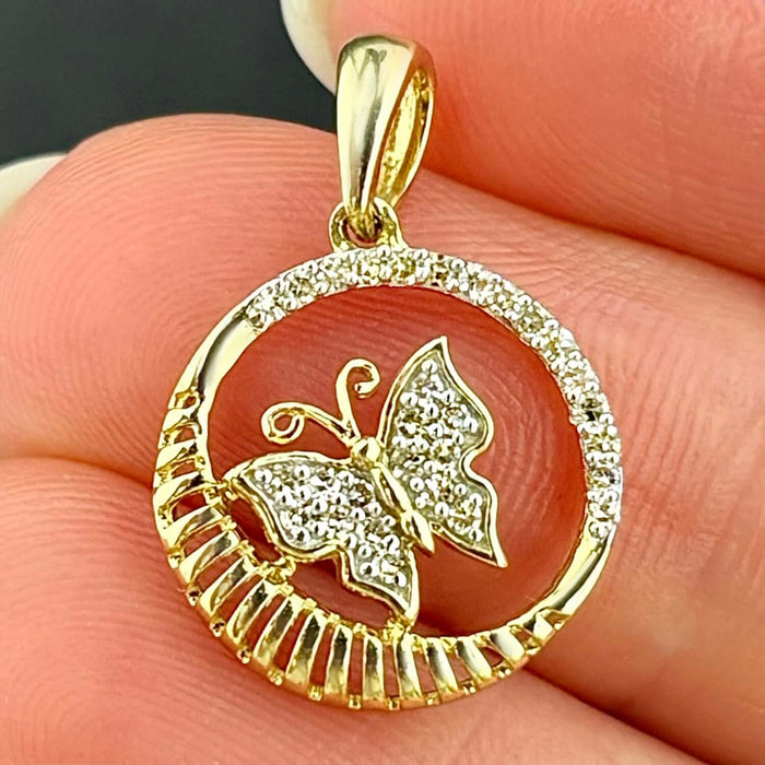 0.16CTW Natural Diamond 10K Yellow Gold Butterfly Circle Pendant 0.88" - WJD Exclusives