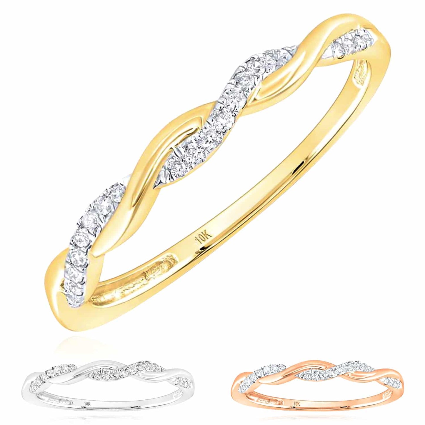 0.07CTW Real Diamond 10K Gold Yellow White Rose Infinity Twist Stackable Ring