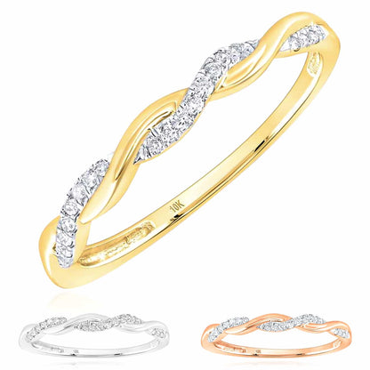 0.07CTW Real Diamond 10K Gold Yellow White Rose Infinity Twist Stackable Ring