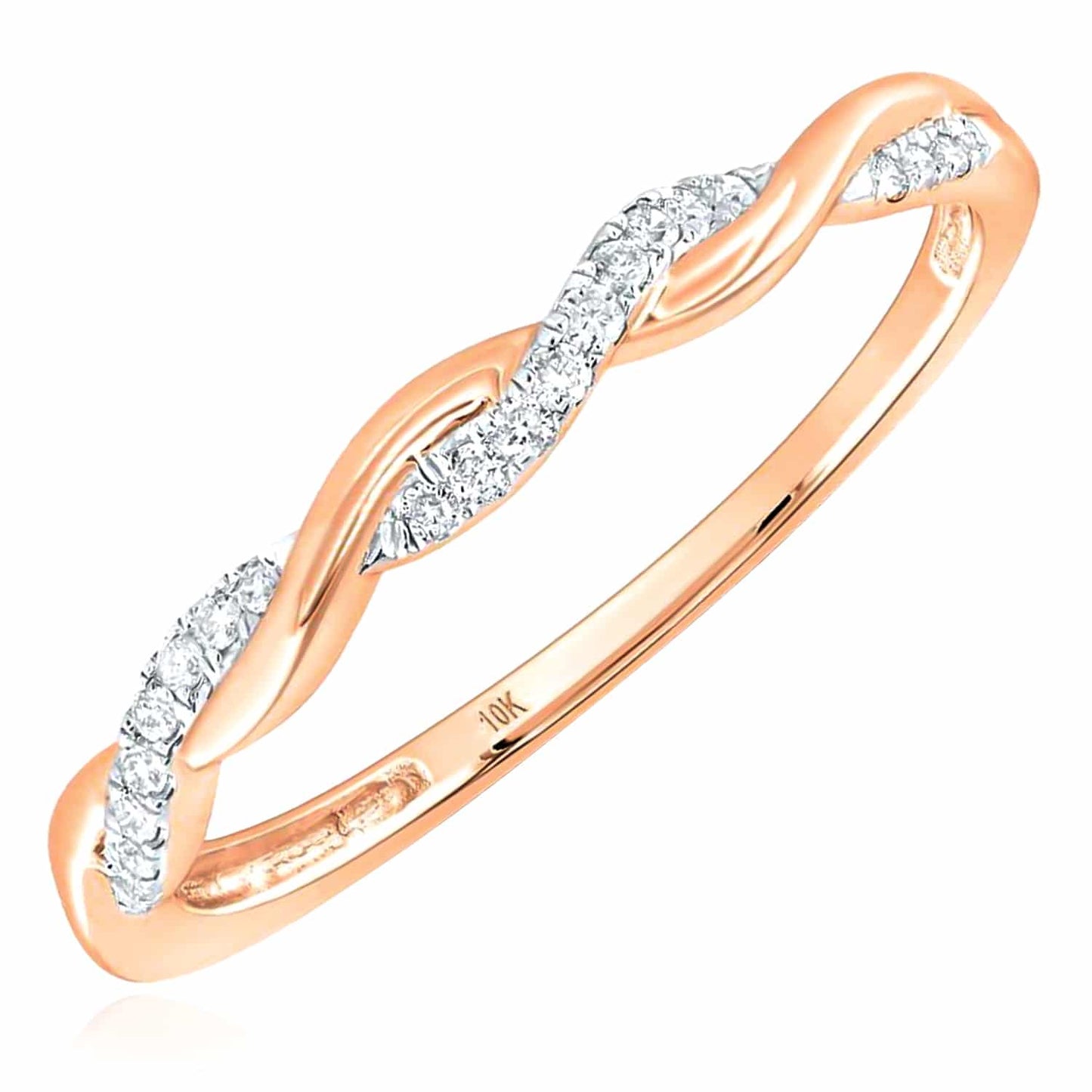 0.07CTW Real Diamond 10K Gold Yellow White Rose Infinity Twist Stackable Ring