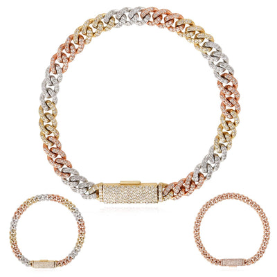 2.10CTW Natural Diamond 10K Rose Gold Tri - Color 6mm Cuban Bracelet (Solid Links) 7" - WJD Exclusives