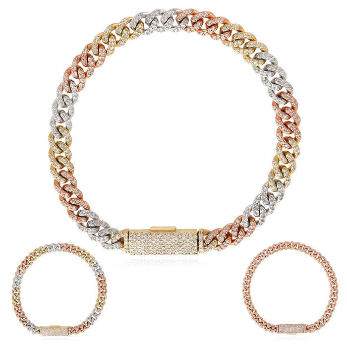 2.10CTW Natural Diamond 10K Rose Gold Tri - Color 6mm Cuban Bracelet (Solid Links) 7" - WJD Exclusives