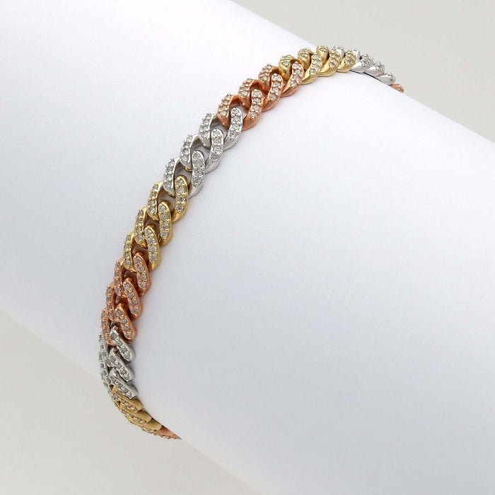 2.10CTW Natural Diamond 10K Rose Gold Tri - Color 6mm Cuban Bracelet (Solid Links) 7" - WJD Exclusives