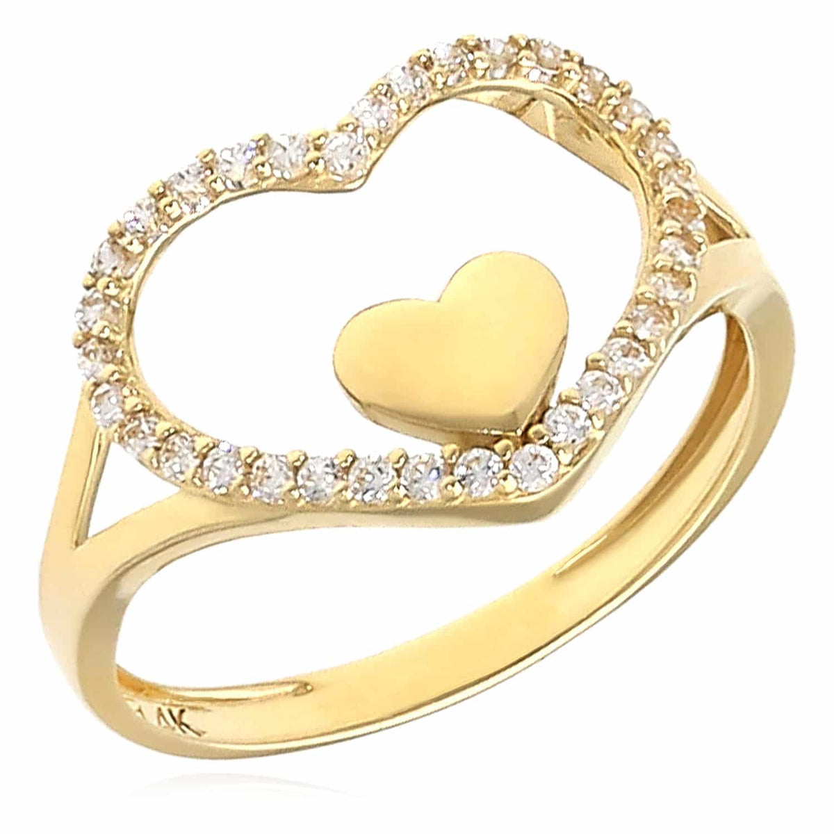 0.20CTW CZ 14K Yellow Gold Heart in Heart Halo Cocktail Ring - WJD Exclusives