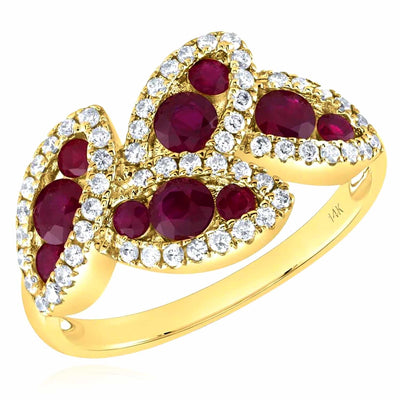 1.08CTW Natural Diamond & Red Ruby 14K Gold Twist Leaf Cocktail Ring - WJD Exclusives