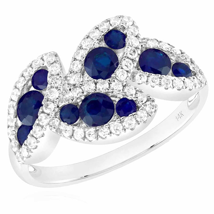 1.20CTW Natural Diamond & Blue Sapphire 14K White Gold Leaf Cocktail Ring - WJD Exclusives