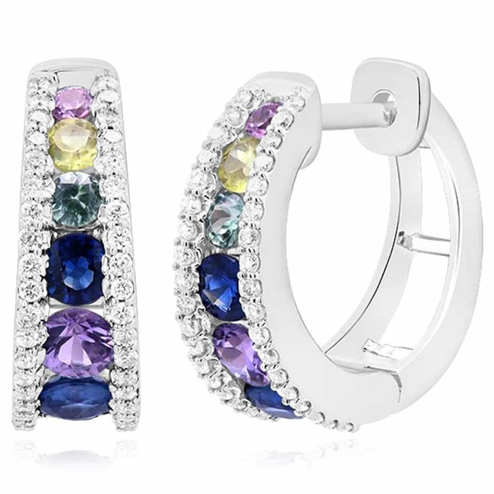 1.80CTW Natural Diamond & Multicolor Sapphire 14K White Gold Hoop Earrings - WJD Exclusives