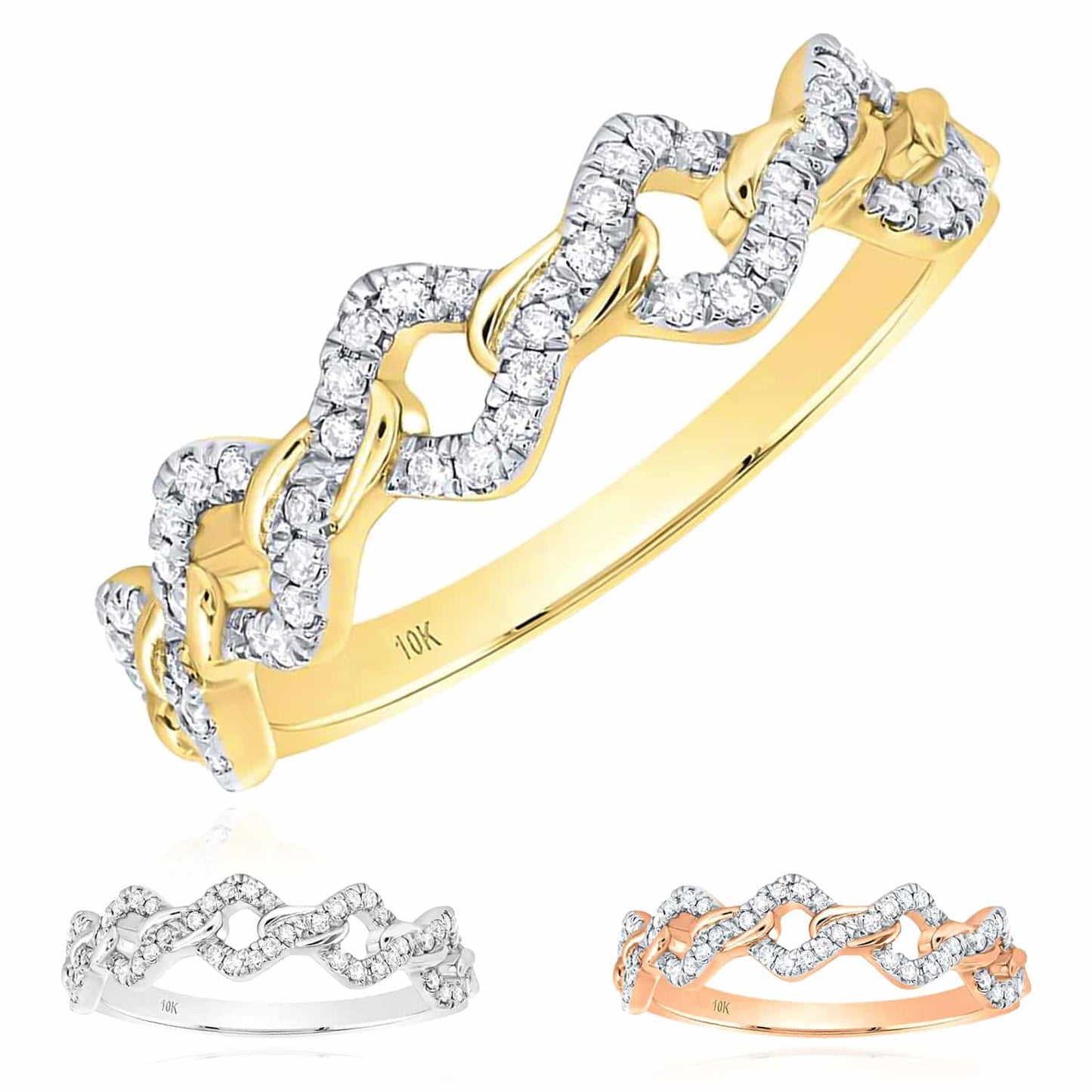 0.20CTW Real Diamond 5mm 10K Gold Yellow White Rose Miami Stackable Ring