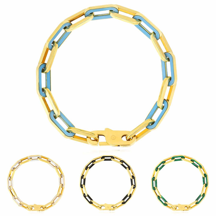 14K Yellow Gold 7mm Paperclip Black Onyx Malachite MOP Turquoise Bracelet (Solid Links) 7.5" - WJD Exclusives