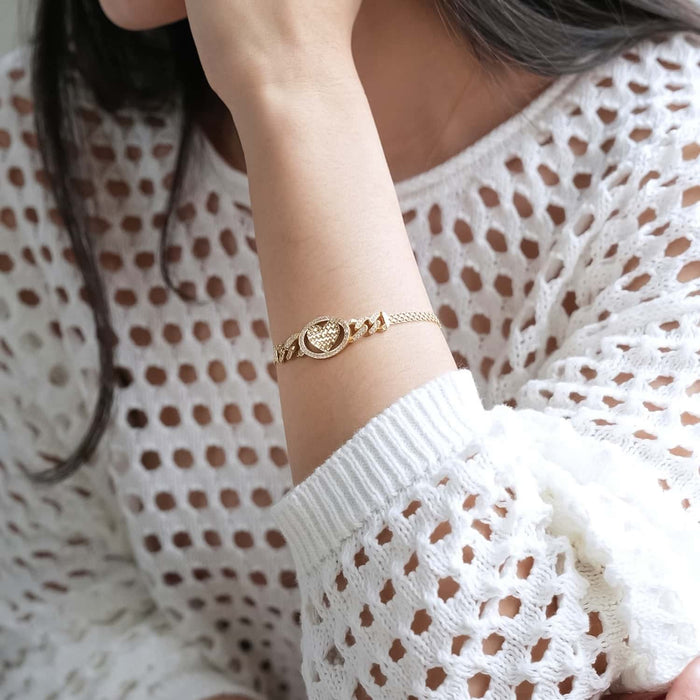 0.70CTW CZ 14K Yellow Gold Cuban Bismark Heart Bracelet (Hollow) 7.25" - WJD Exclusives