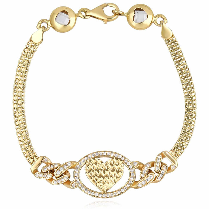 0.70CTW CZ 14K Yellow Gold Cuban Bismark Heart Bracelet (Hollow) 7.25" - WJD Exclusives