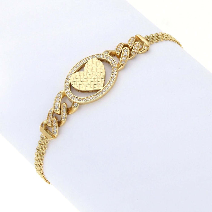 0.70CTW CZ 14K Yellow Gold Cuban Bismark Heart Bracelet (Hollow) 7.25" - WJD Exclusives