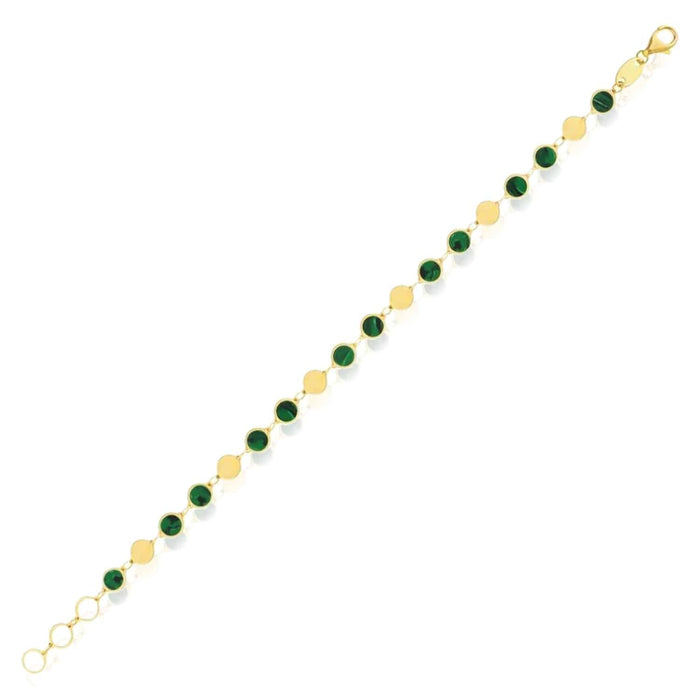 14K Yellow Gold Round Black Onyx Malachite Turquoise Bracelet (Solid Links) 7.25" - 8" Adjustable - WJD Exclusives
