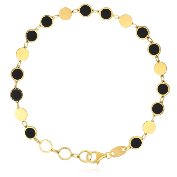 14K Yellow Gold Round Black Onyx Malachite Turquoise Bracelet (Solid Links) 7.25" - 8" Adjustable - WJD Exclusives