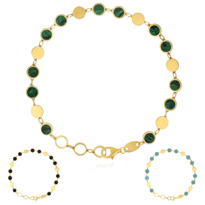 14K Yellow Gold Round Black Onyx Malachite Turquoise Bracelet (Solid Links) 7.25" - 8" Adjustable - WJD Exclusives
