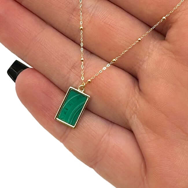 14K Yellow Gold Rectangular Green Black White Necklace (Solid Links) 16" - 18" Adjustable - WJD Exclusives