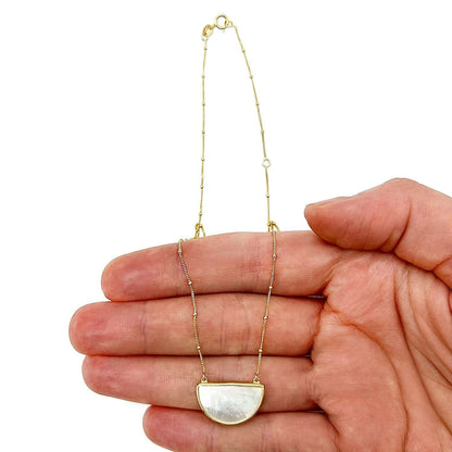 14K Real Gold Half-Moon Gemstone Pendant Necklace 16"-18" Adjustable