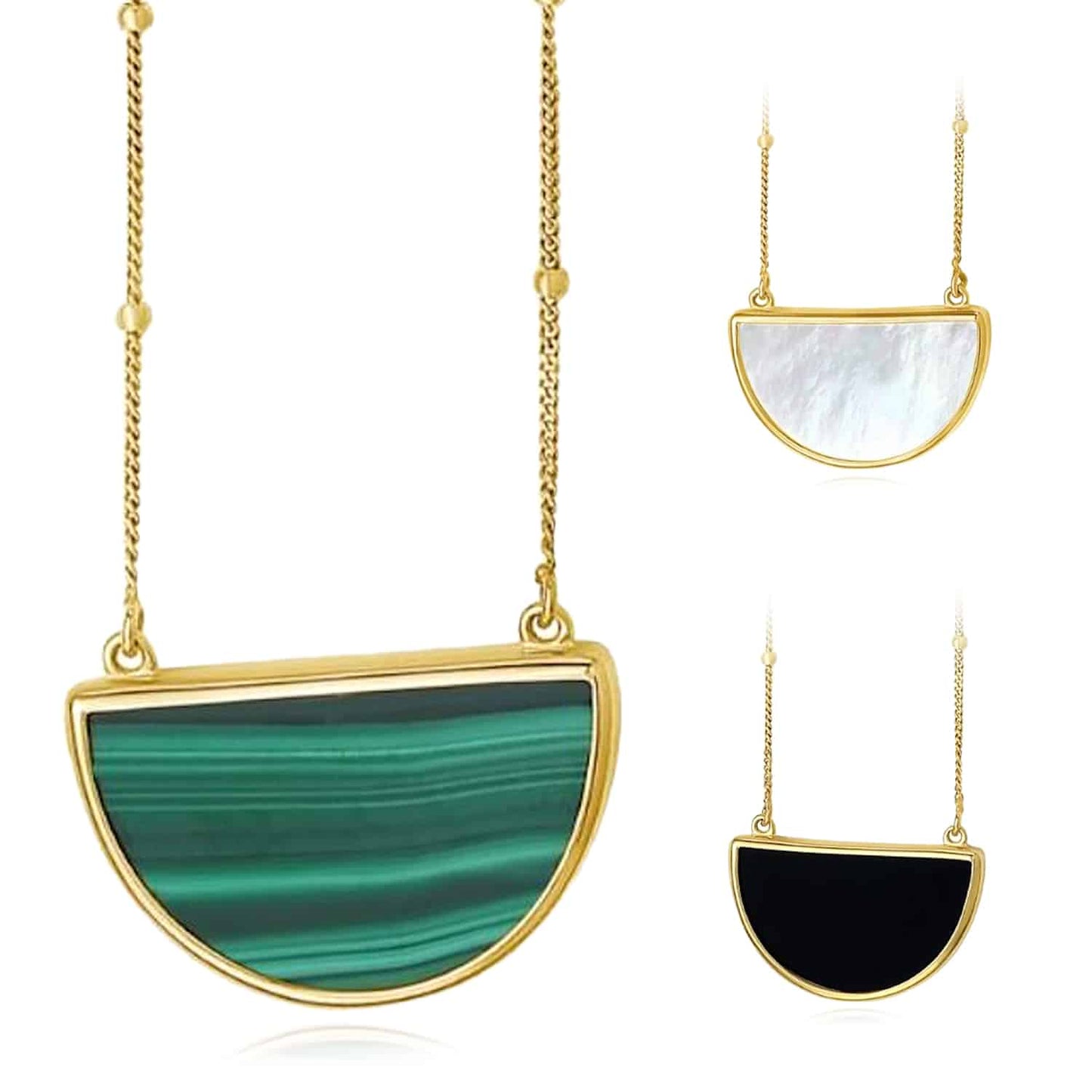 14K Real Gold Half-Moon Gemstone Pendant Necklace 16"-18" Adjustable