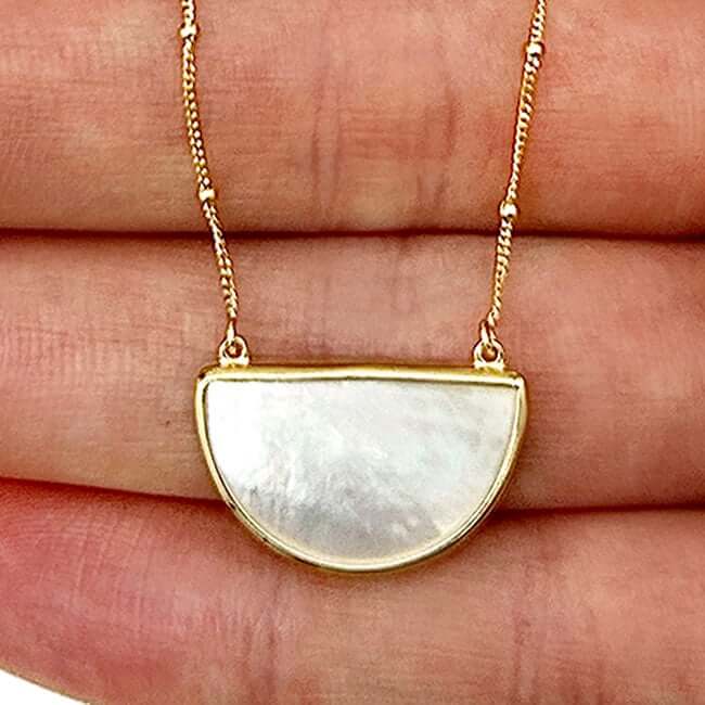 14K Real Gold Half-Moon Gemstone Pendant Necklace 16"-18" Adjustable
