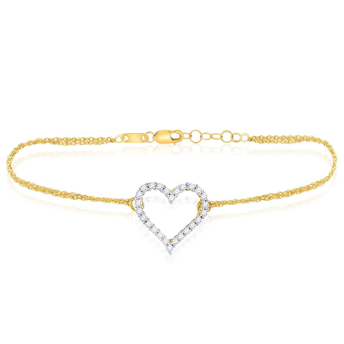 0.12CTW Natural Diamond 10K Yellow Gold Cable Heart Bracelet (Solid Links) 7" - 7.5" Adjustable - WJD Exclusives