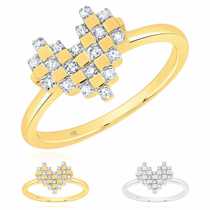 0.12CTW Natural Diamond 10K Gold Yellow White Pixel Checker Cocktail Heart Ring - WJD Exclusives