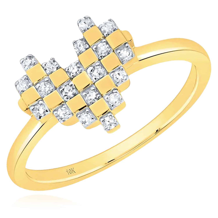 0.12CTW Natural Diamond 10K Gold Yellow White Pixel Checker Cocktail Heart Ring - WJD Exclusives