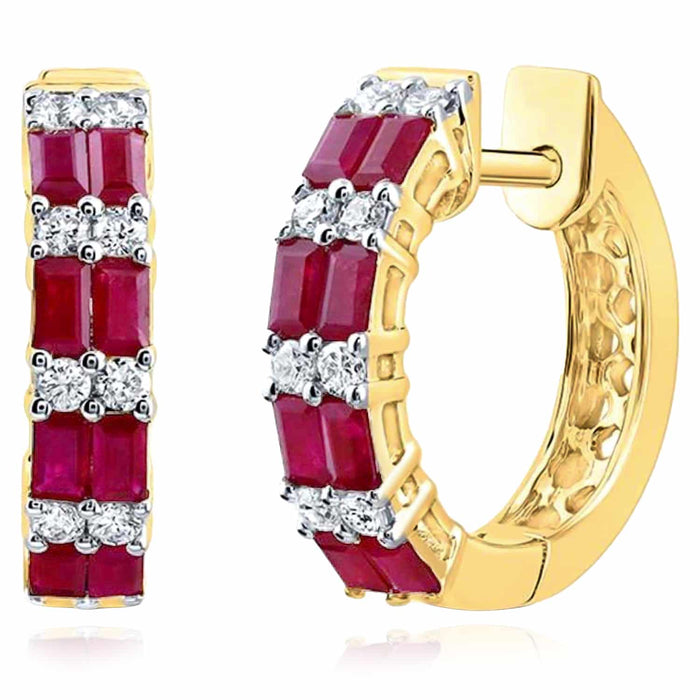 1.45CTW Natural Diamond & Ruby 14K Gold Huggie Hoop Earrings 17mm - WJD Exclusives