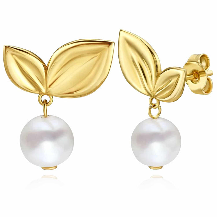 14K Gold Leaf & Cultured Real Pearl Drop Earrings 16mm - WJD Exclusives