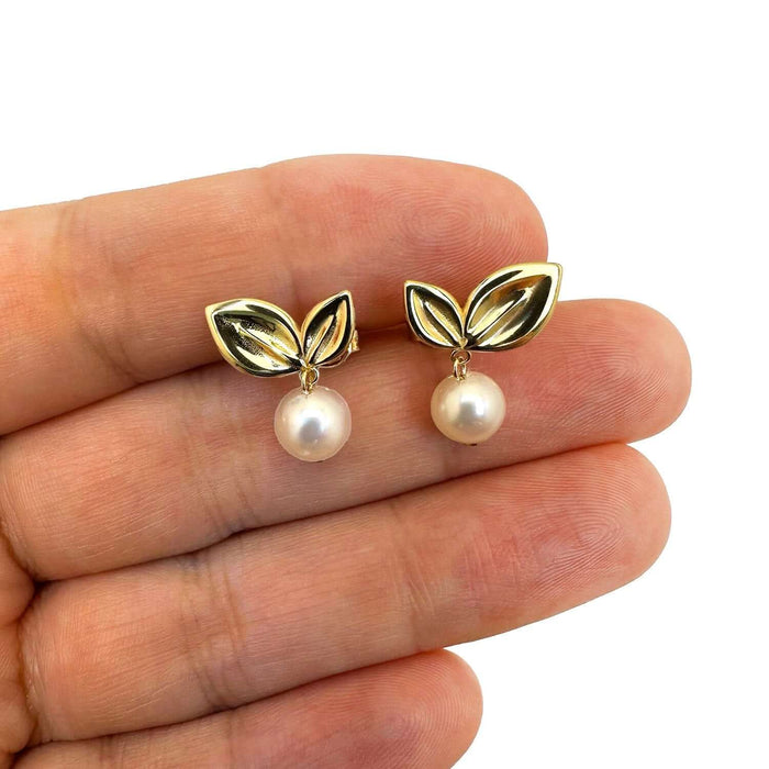 14K Gold Leaf & Cultured Real Pearl Drop Earrings 16mm - WJD Exclusives