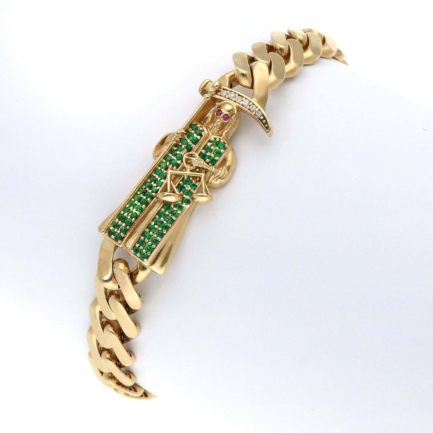 Solid 14K Real Gold Yellow CZ Santa Muerte Miami Cuban Bracelet 8"