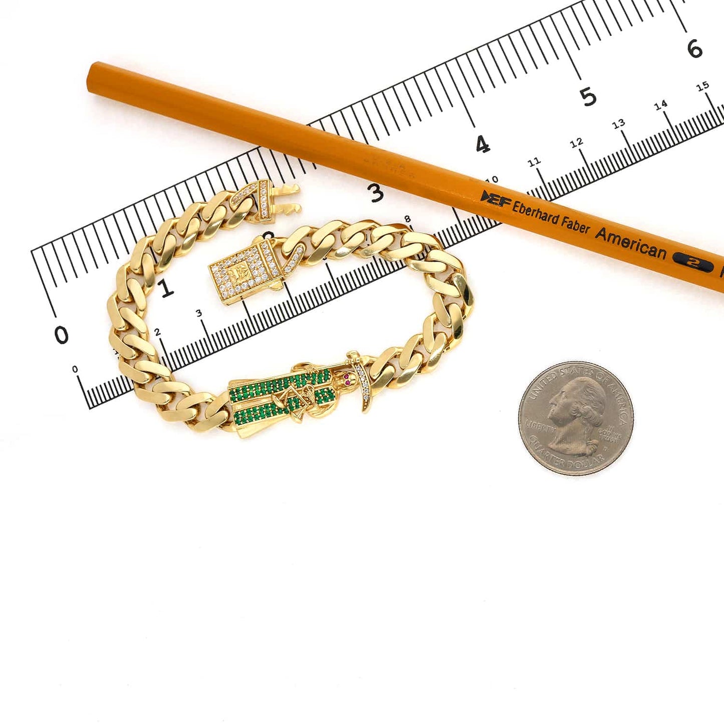 Solid 14K Real Gold Yellow CZ Santa Muerte Miami Cuban Bracelet 8"