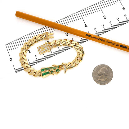 Solid 14K Real Gold Yellow CZ Santa Muerte Miami Cuban Bracelet 8"