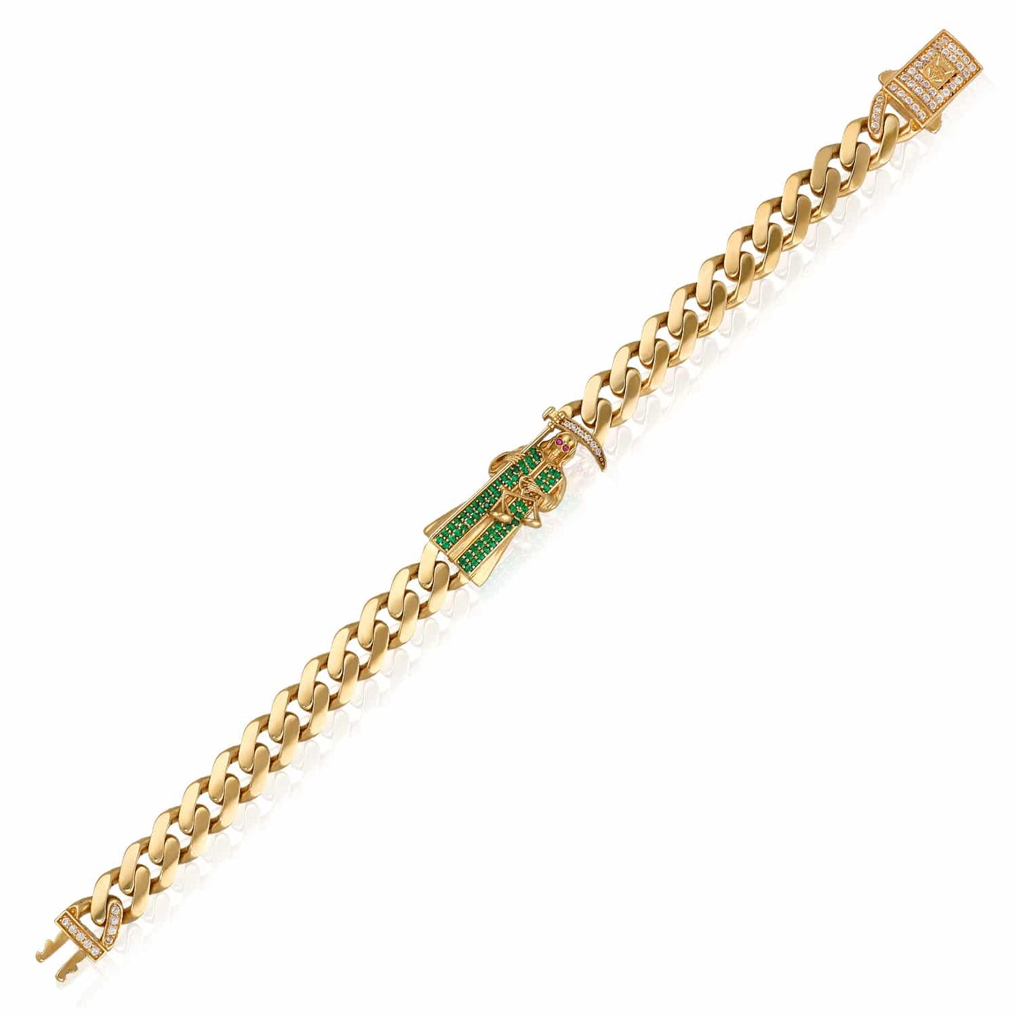 Solid 14K Real Gold Yellow CZ Santa Muerte Miami Cuban Bracelet 8"