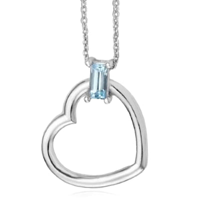 14K White Gold Baguette Blue Topaz Heart Necklace (Solid Links) 16" - 18" Adjustable - WJD Exclusives
