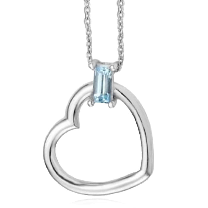 14K White Gold Baguette Blue Topaz Heart Necklace (Solid Links) 16" - 18" Adjustable - WJD Exclusives