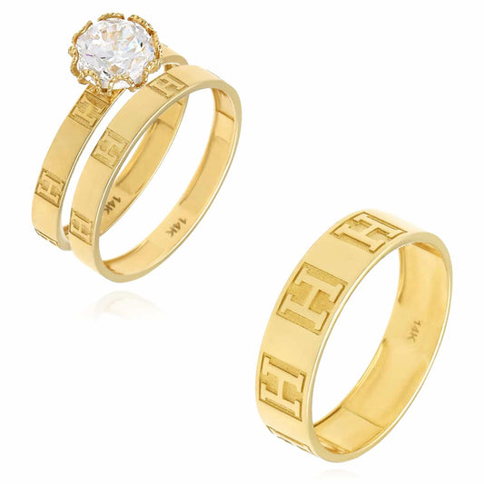 1CT CZ His Her 14K Real Gold Yellow H Pattern Engagement Wedding Rings