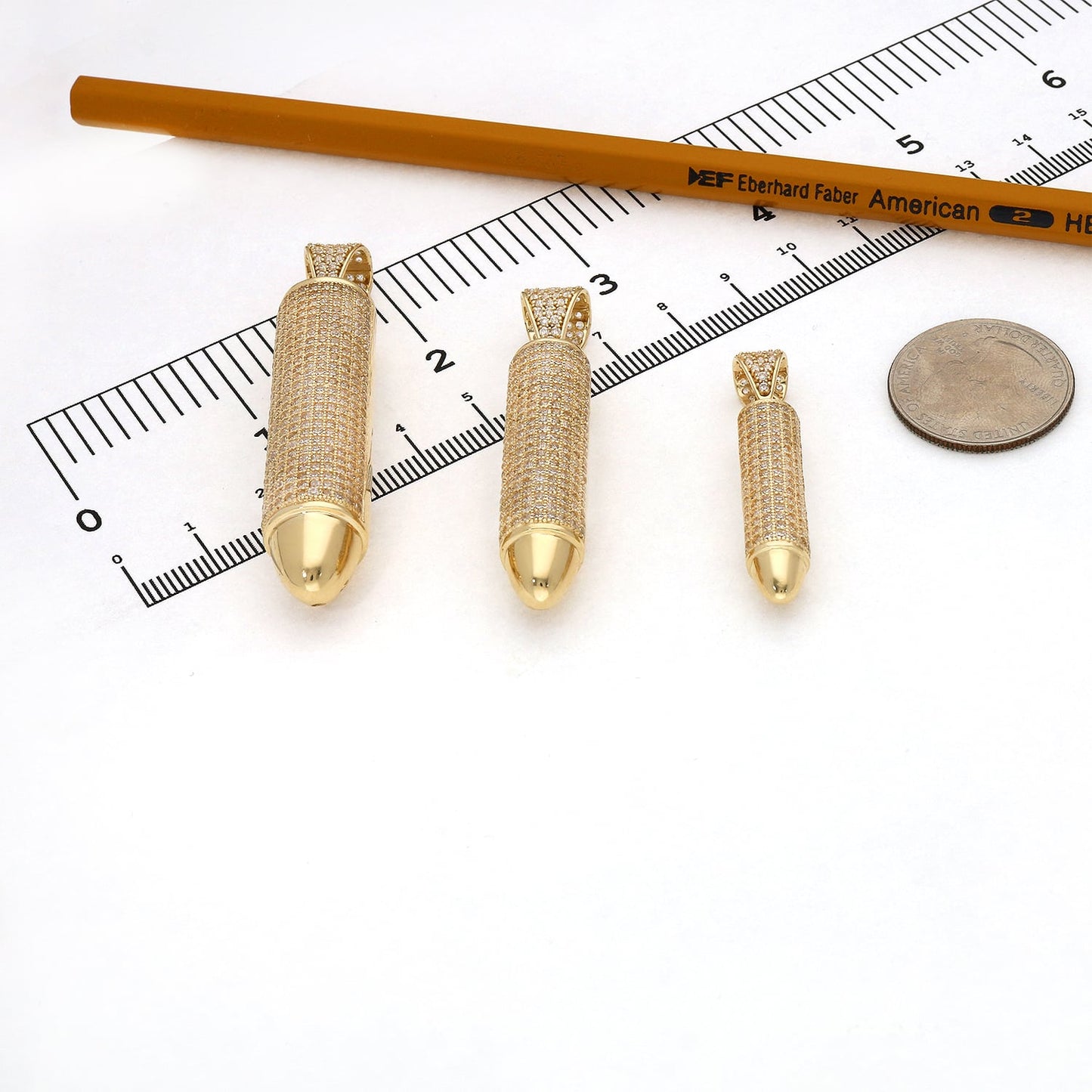 14K Real Gold Bullet-Shaped CZ Pendant 1.7" 2.2" 2.6"