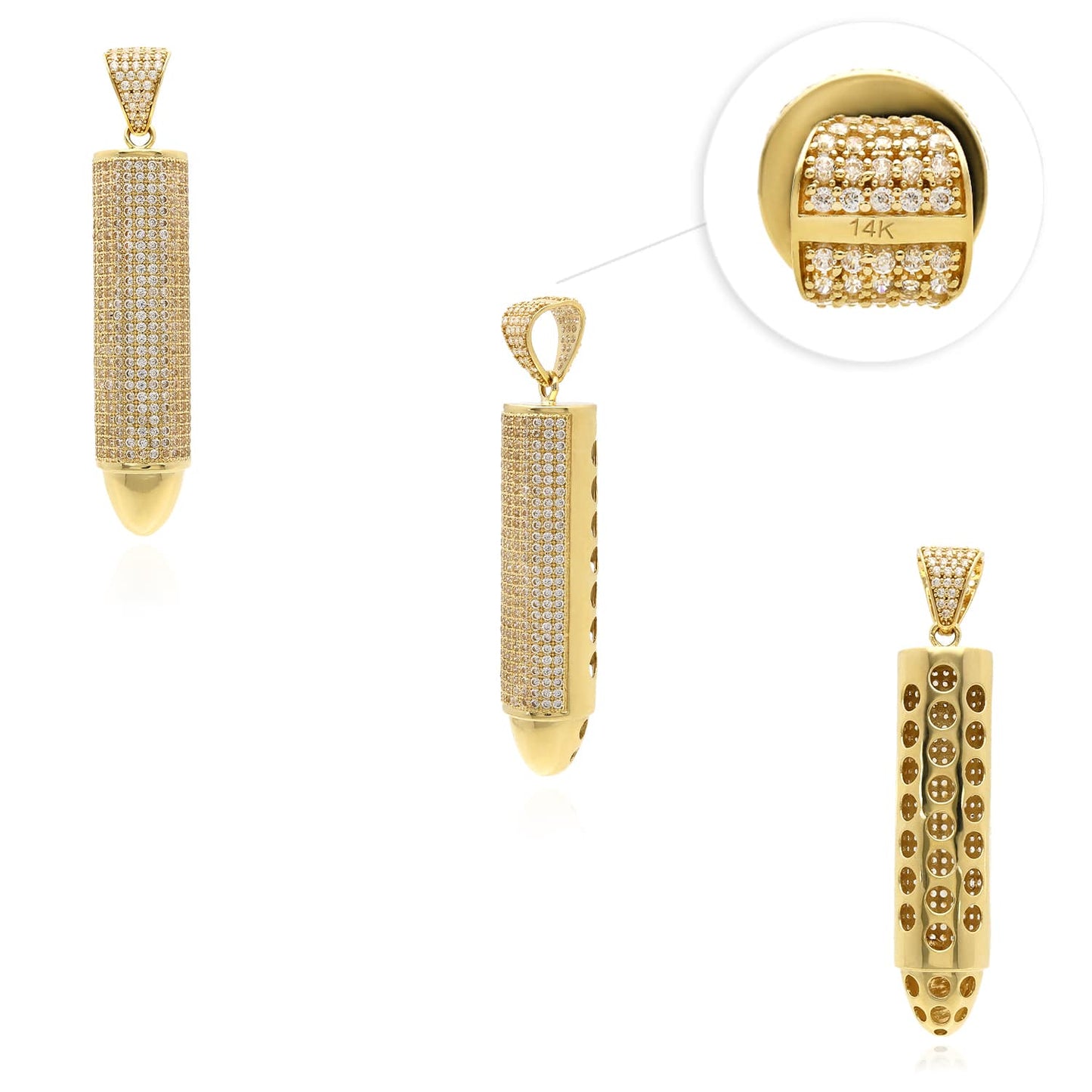 14K Real Gold Bullet-Shaped CZ Pendant 1.7" 2.2" 2.6"