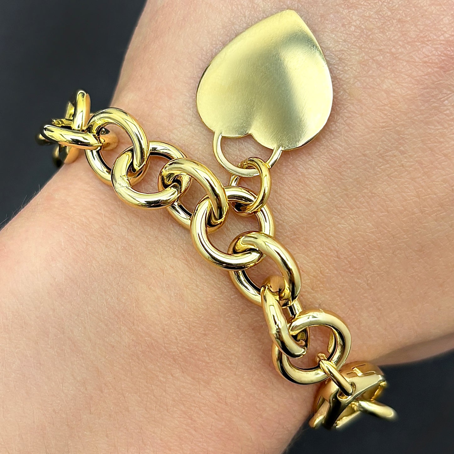 14K Real Gold Yellow Heart Tag & Rolo Bracelet 7.5"