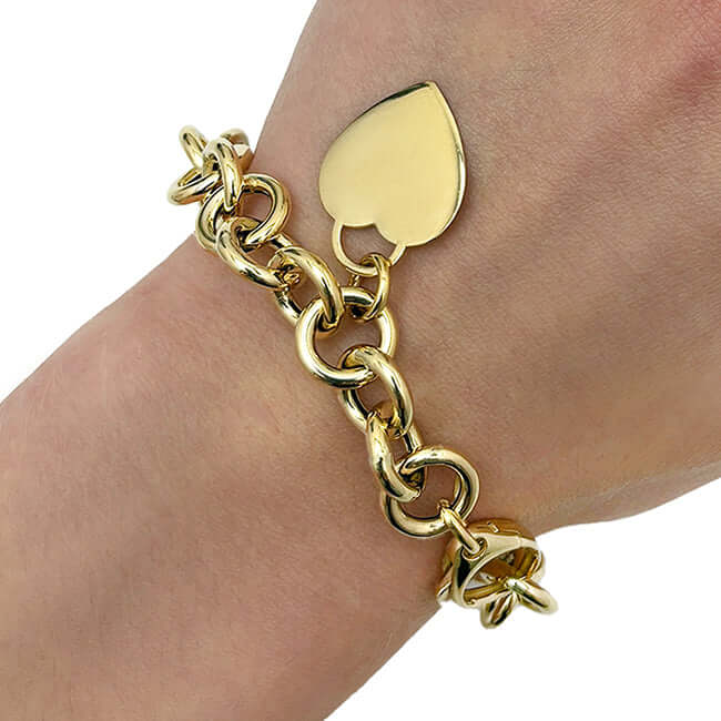 14K Real Gold Yellow Heart Tag & Rolo Bracelet 7.5"