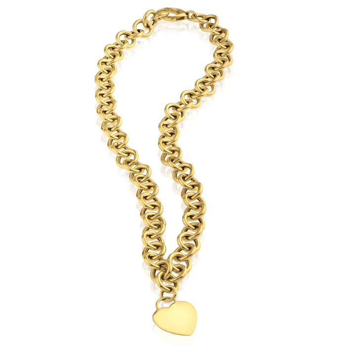 14K Yellow Gold Heart Tag & Rolo Necklace (Solid Links) 18" - WJD Exclusives