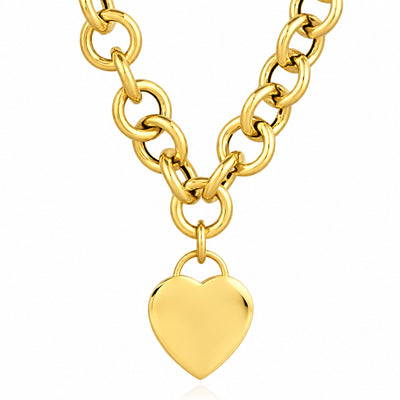 14K Yellow Gold Heart Tag & Rolo Necklace (Solid Links) 18"