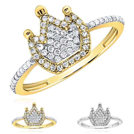 0.25CTW Real Diamond 10K Gold Yellow White Crown Ring
