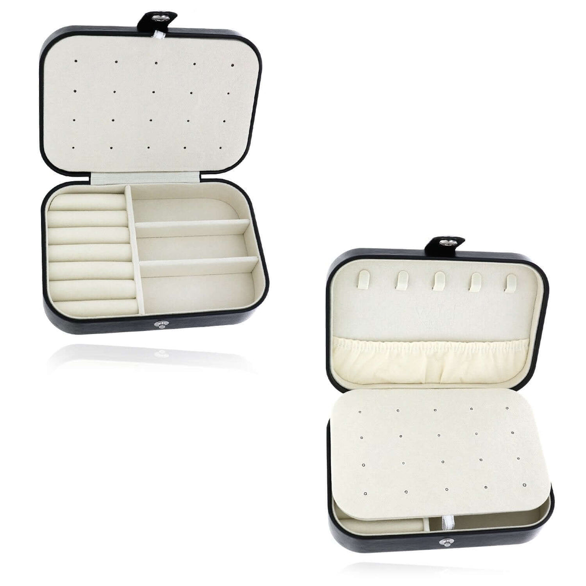 Compact PU Leather Double Layer Jewelry Organizer Box Portable Black Travel Case - WJD Exclusives