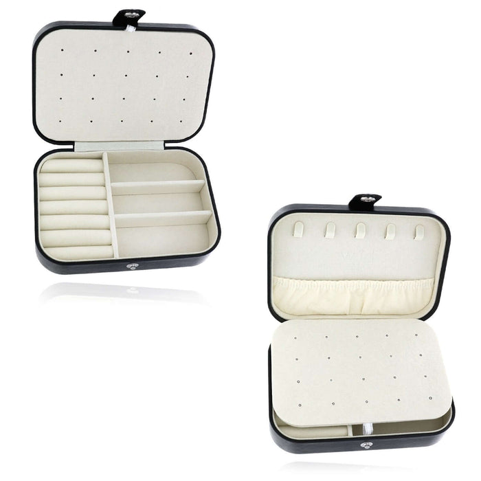 Compact PU Leather Double Layer Jewelry Organizer Box Portable Black Travel Case - WJD Exclusives