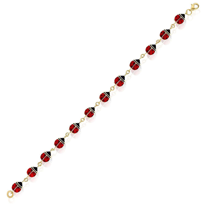 14K Yellow Gold Red Black Enamel Ladybug Bracelet (Solid Links) 7.5" - WJD Exclusives