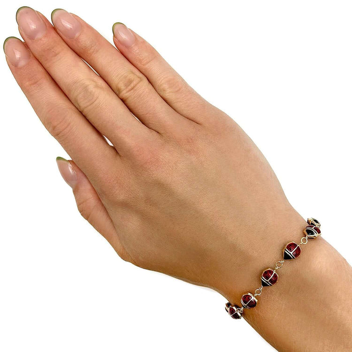14K Yellow Gold Red Black Enamel Ladybug Bracelet (Solid Links) 7.5" - WJD Exclusives