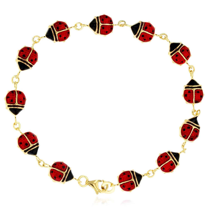 14K Yellow Gold Red Black Enamel Ladybug Bracelet (Solid Links) 7.5" - WJD Exclusives