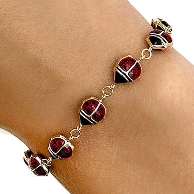14K Yellow Gold Red Black Enamel Ladybug Bracelet (Solid Links) 7.5" - WJD Exclusives